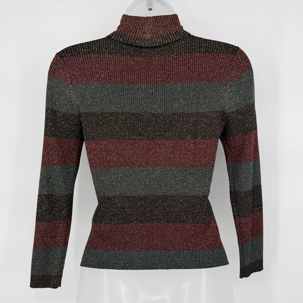 A.L.C. Sz M Metallic Shimmer Striped Turtleneck Sweater Merino Wool Rib Knit - Picture 4 of 8